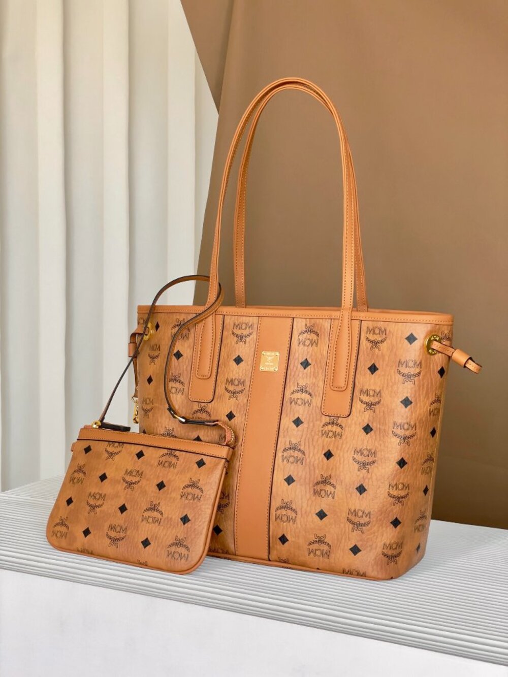 MCM Cognac Visetos Shopper Tote with Zip Pouch - Cognac